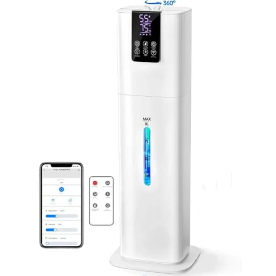 

Smart humidifier for bedroom and large room ABS plastic white 8L capacity with top-fill design quiet operation app and remote c