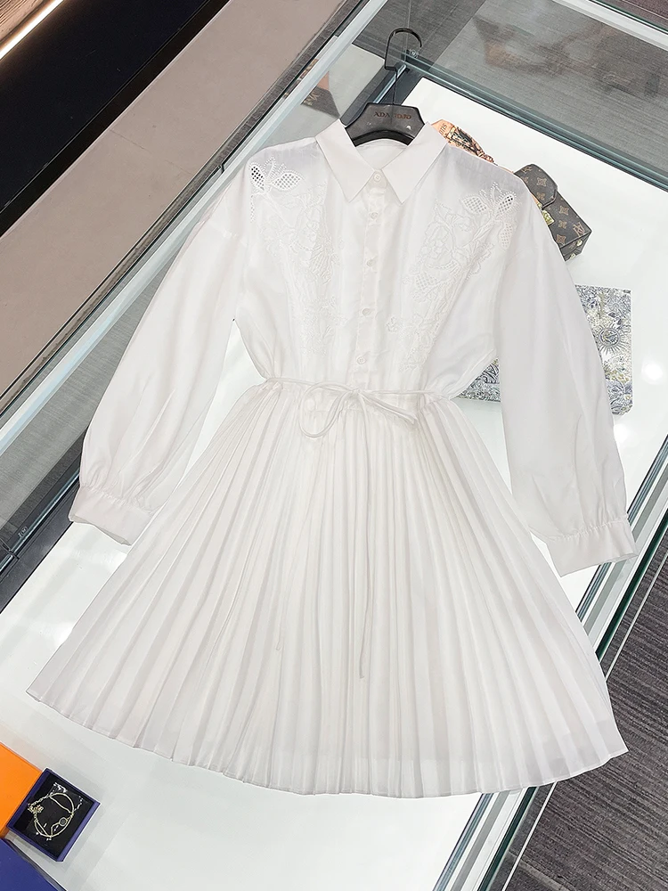 

High-End Women's Embroidered Belted Waist Midi Dr with Pleats And Hollow out Design Long Sve Collar A-Line Skirt