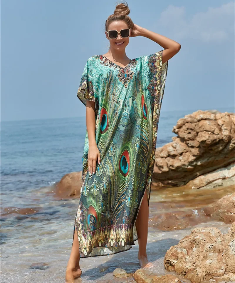 Quick-drying Bikini Cover-ups Peacock Feather Print V-neck Summer Beach Tunic Women Beachwear Kaftan Robe De Plage