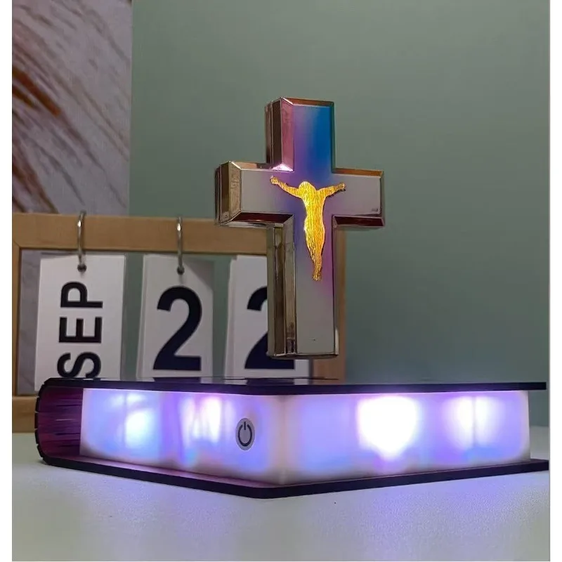 Levitating Cross Lamp Floating Jesus & Bible Night Light Magnetic Levitation Cross Ornament Glowing Cross Light Home Desk Gift view 3