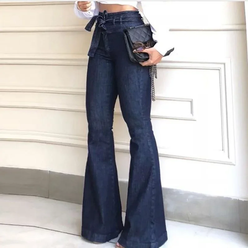 Elegant High เอว LACE-up Flare กางเกงผู้หญิงสะโพกเดินทางกระดิ่งด้านล่าง DENIM กางเกงแฟชั่นหญิง Streetwear