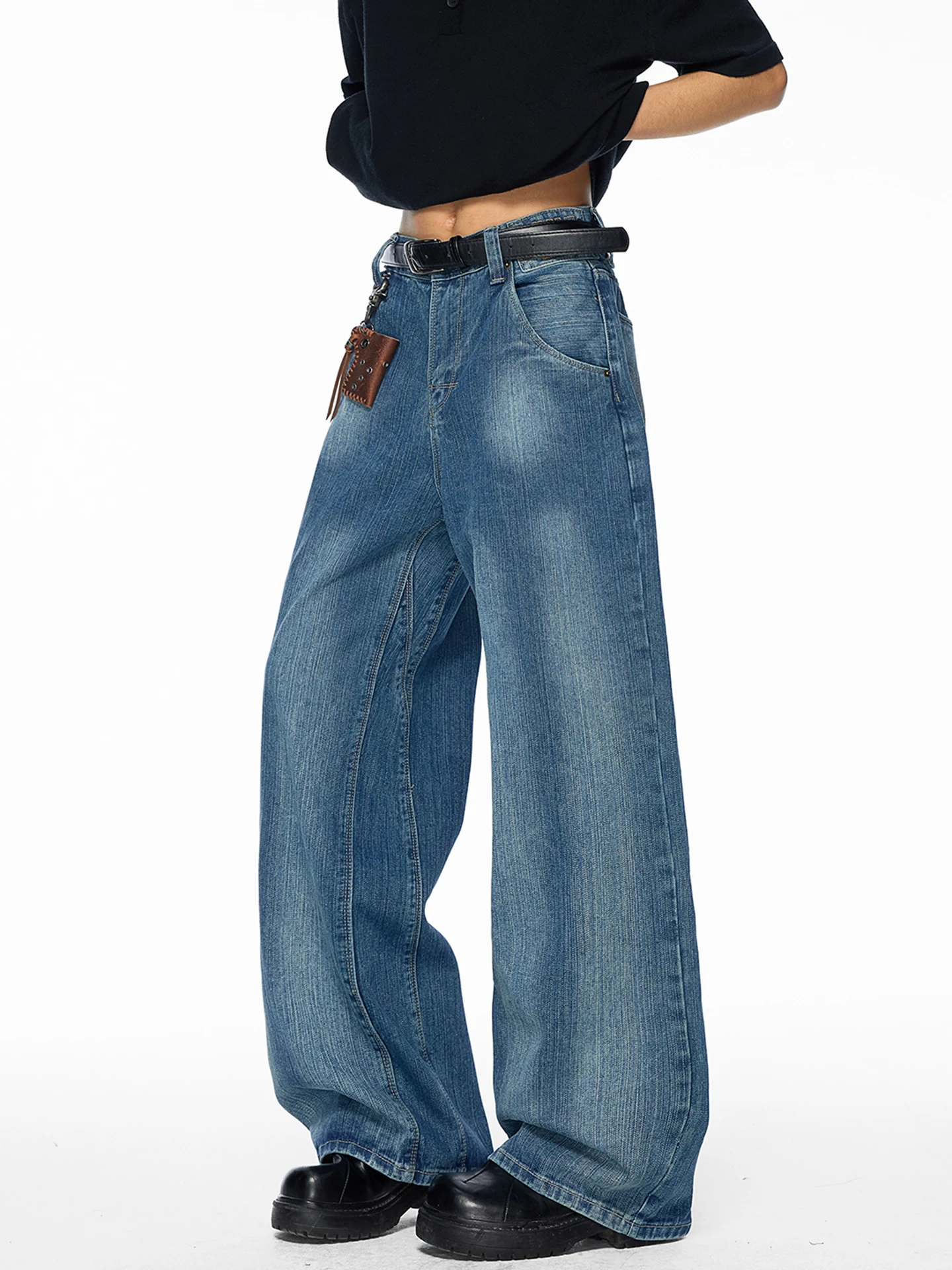 Calças Jeans Retrô Lavadas para Homens e Mulheres, Moda Primavera, Perna Larga, Casual, Compridas, Estilosas, Simples, Person...