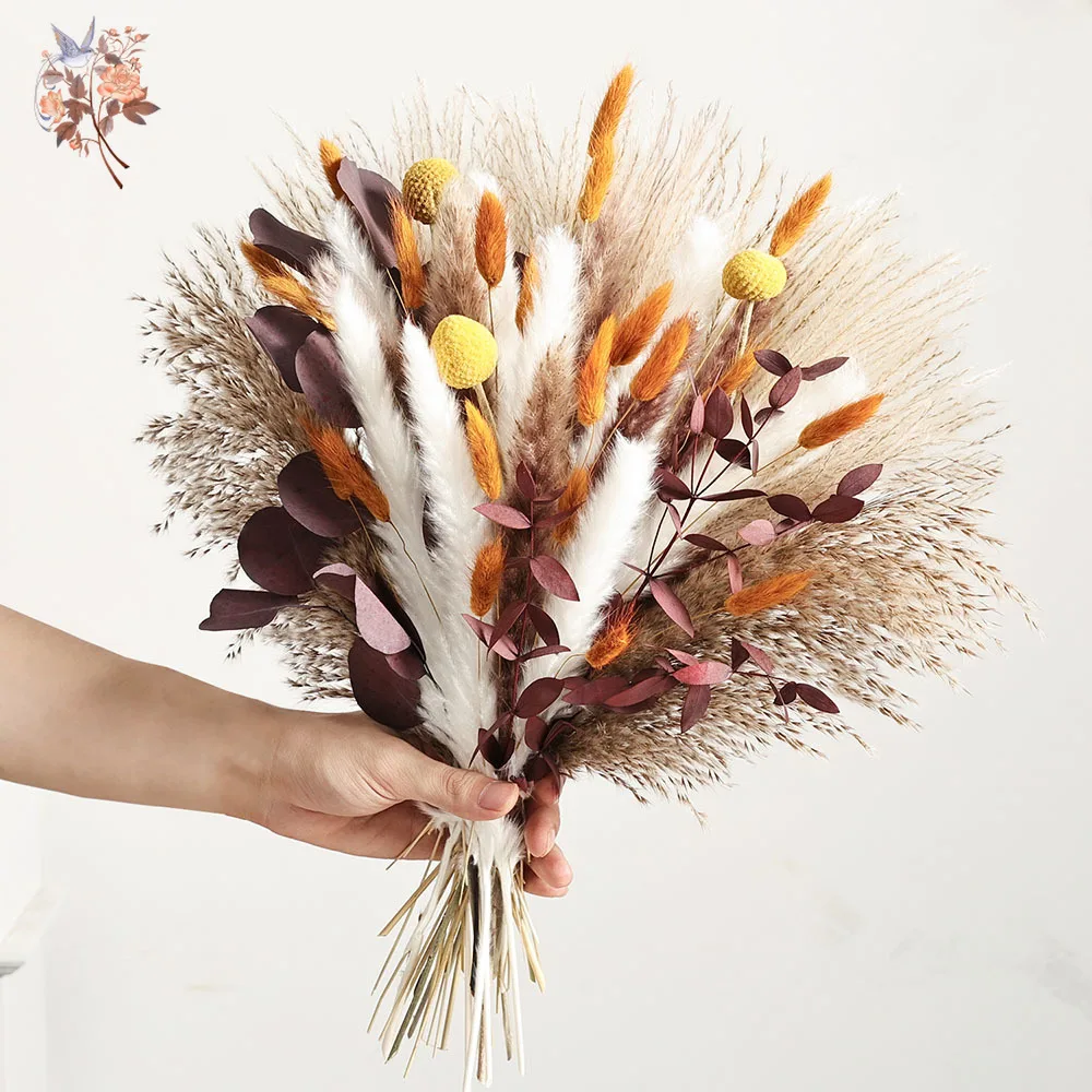 

70pcs Nature Dried Flower Bundle Orange Reeds Pampas Grass Bunch for Rustic Autumn Wedding Handheld Flower Boho Fall Home Decor