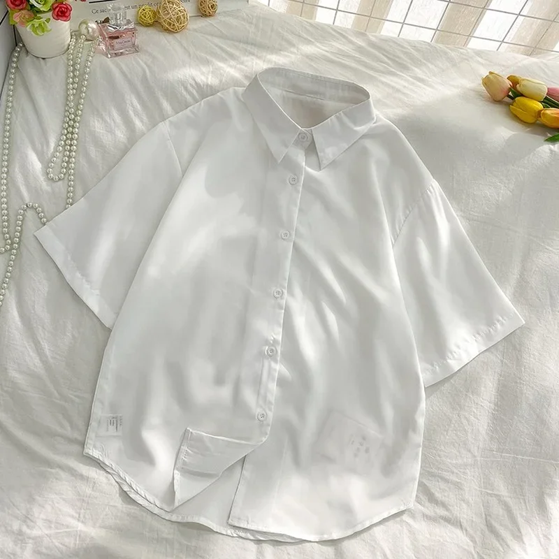 

White Chiffon Shirts Women Summer Short Sleeve Elegant Casual Tender All-match Simple Single Breasted Loose Streetwear Ladies OL