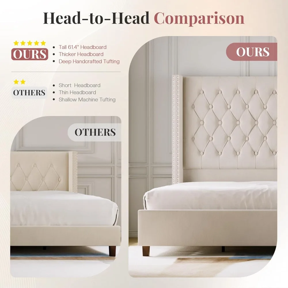هيكل سرير بحجم كوين من بابجيت مع لوح رأسي بطول 61.4 بوصة، سرير معنقدة حديث مخملي للبالغين، زر عميق مصنوع يدويًا #4