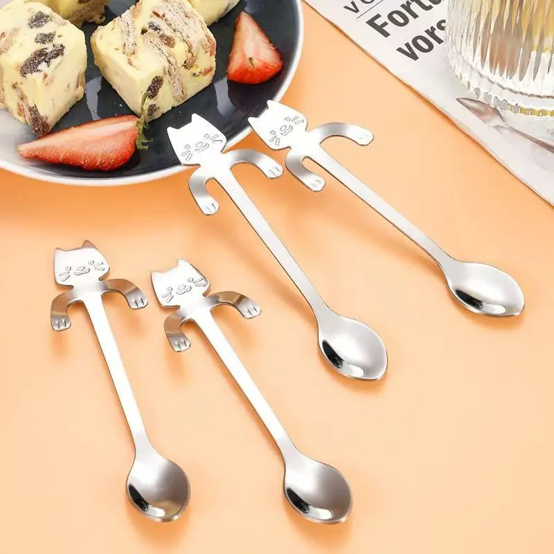 

1pc Creative Cat Shaped Coffee Spoon 304 Stainless Steel Spoon Cake Stirring Sugar Soup Dessert Cup-hanging Design Teaspoon