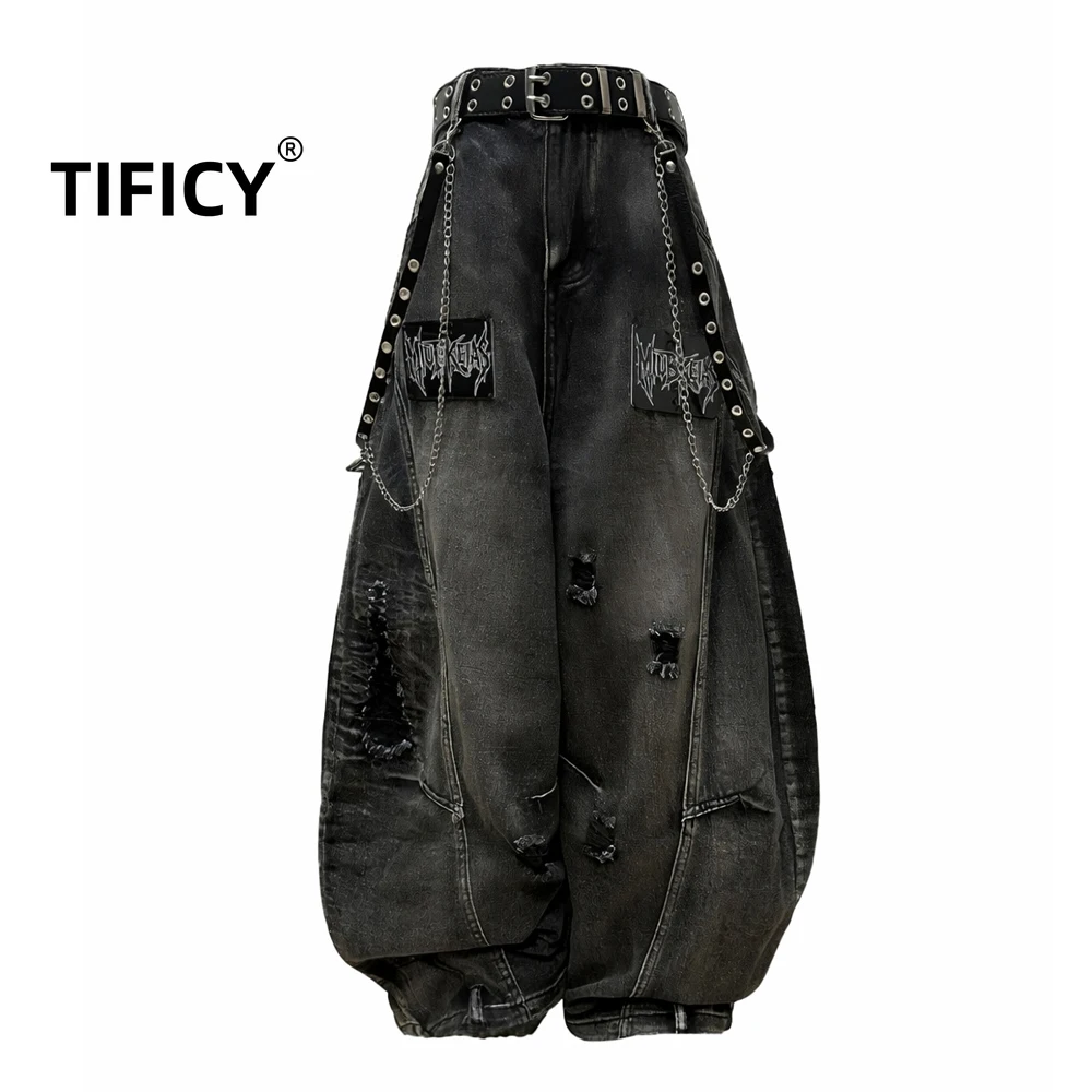 

High Street Punk Style Vintage Ripped Jean Wide Leg Pants Men's Metal Chain Decoration Wasteland Style Loose Denim Pants