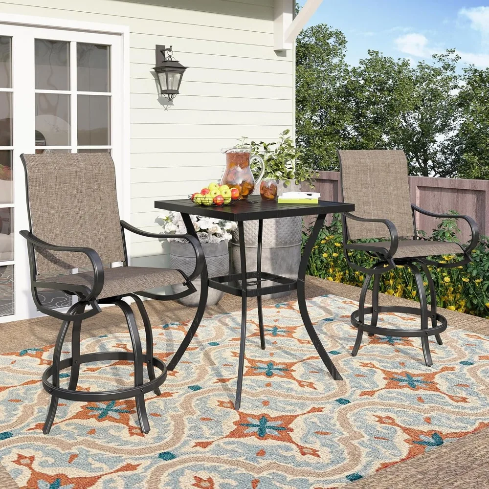 

PHI Villa 3 Piece Outdoor Bar Set, Counter Height Patio Bar Bistro Table and Swivel Bar Stools Chairs with All Weather Brown Tex
