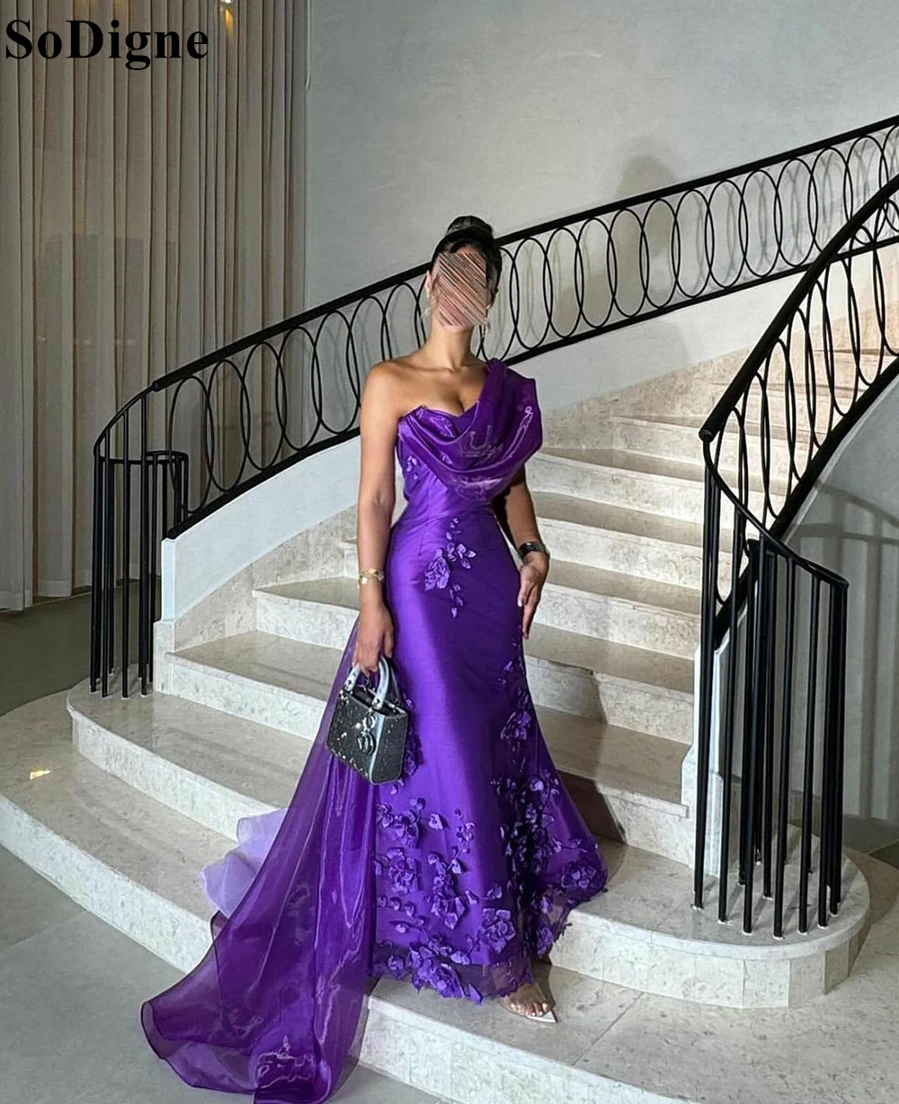 SoDigne-Vestidos De Noite De Cetim Roxo, Vestidos De Sereia De Um Ombro, Apliques Floral, Elegante Vestido De Baile De Sereia, 2021