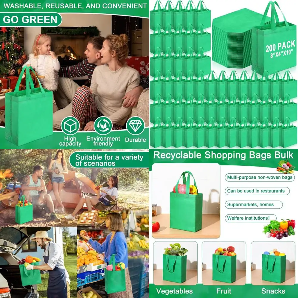 

Reusable Tote Bags, 200 Pack, 8x4x10 Inch, Non-Woven, Green Grocery Bags with Handles
