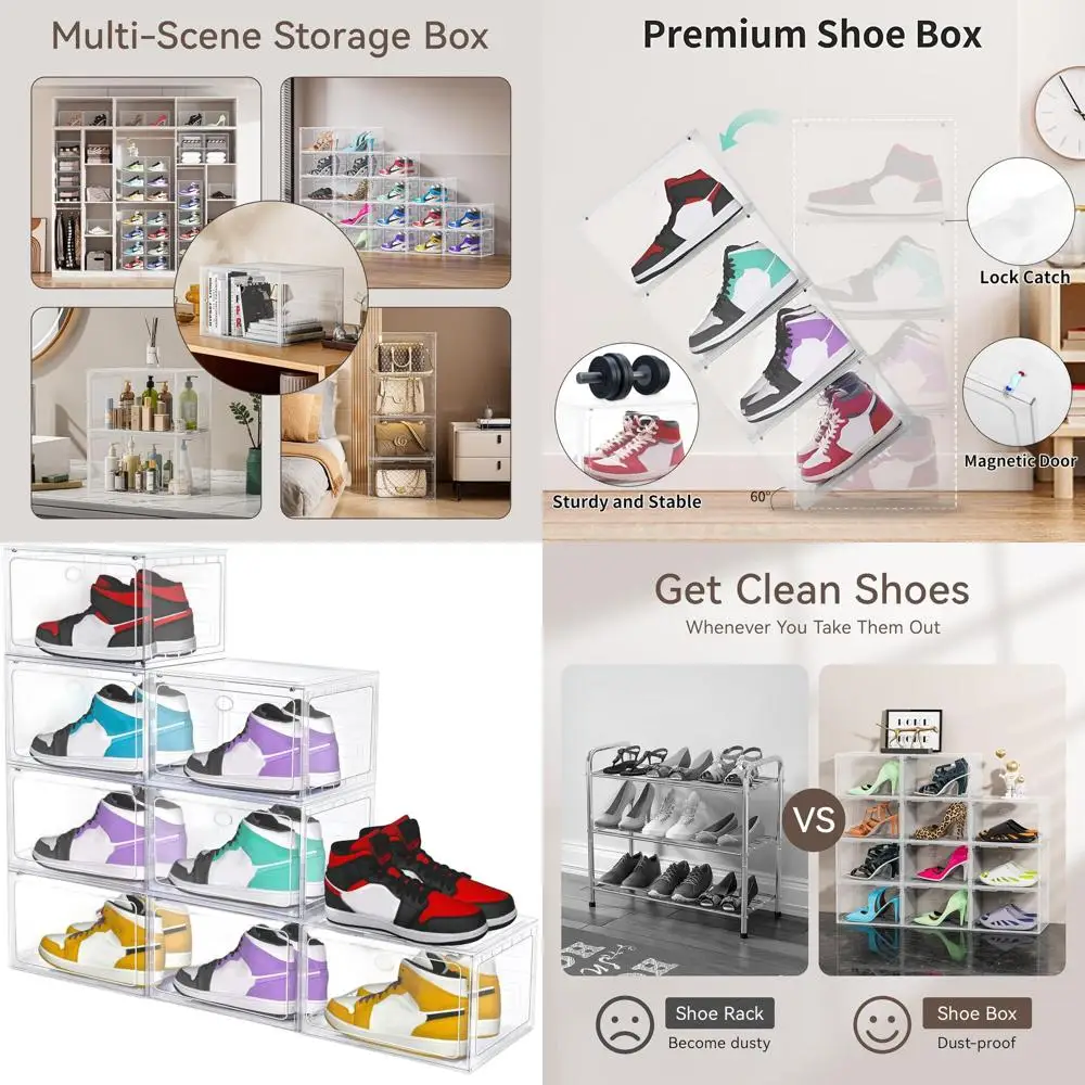

Clear Plastic Stackable Shoe Boxes, 8-Piece Set with Magnetic Doors, Drop Side Organizers for Shoe Storage, Fits US Size 13
