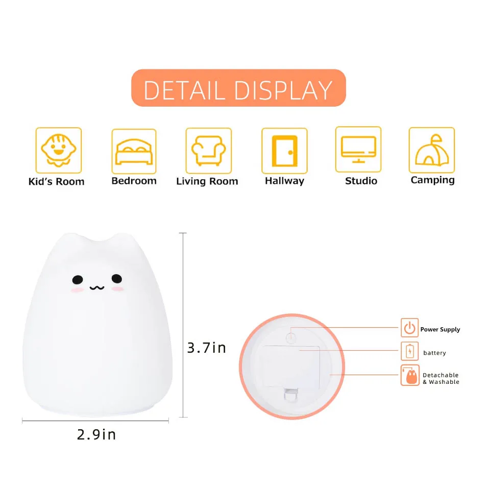 Mini Cat Kawaii Night Lamp para Crianças, 7 Cores Pat Touch, Proteção para os Olhos, Bedroom Bedside Nightlight, Popular Baby Gift