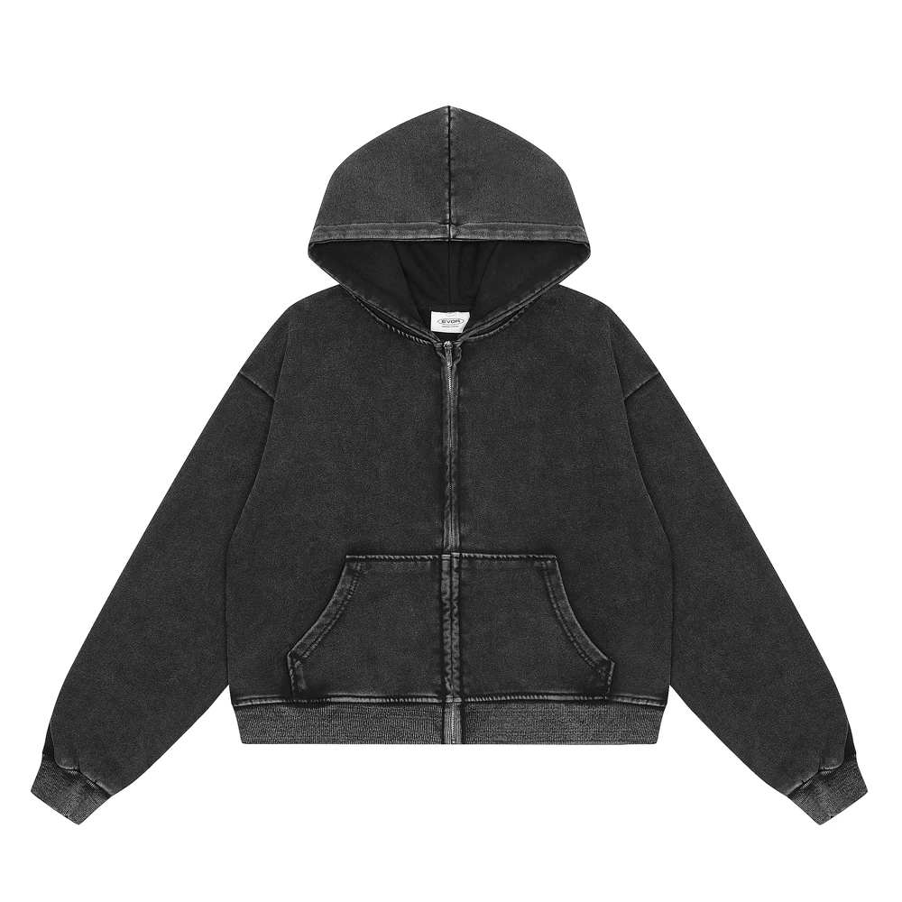 

High Quality washed make Old Zipper black Hoodies Streetwear