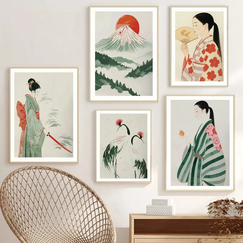 Mount Fuji & Crane Japanese Wall Print Contemporary Minimalist Landscape Art Traditional Asian Nature Poster Zen Home Decoration