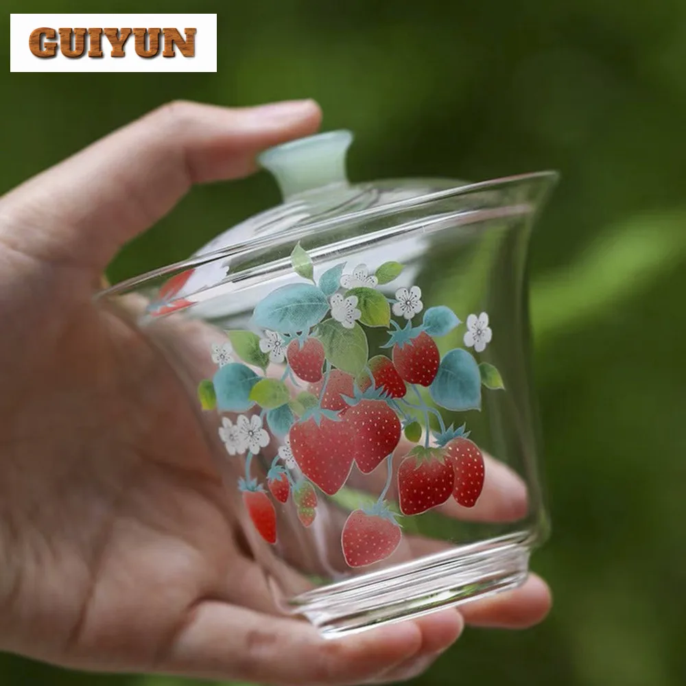 155ml Strawberry Heat-resistant Glass Gaiwan Luxury Tea Tureen Household Tea Making Cover Bowl Tea Services Equipment Ornaments