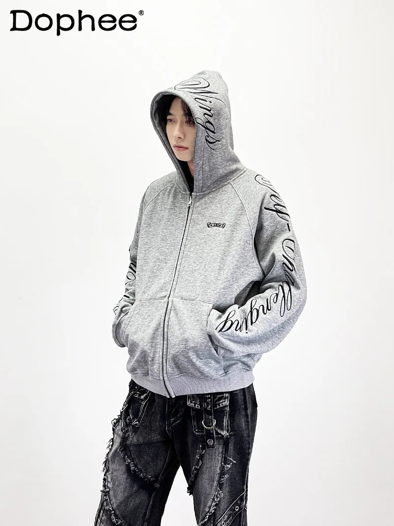 

American Street Style Embroidered Letter Hoodie Autumn Winter Fleece Warm Loose Casual Stylish Cardigan Jacket for Men