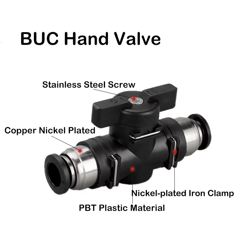 BUC 4mm 6mm 8mm 10mm 12mm Black Pneumatic Push In Quick Joint Connector Hand Valve To Turn Switch Manual Ball Current Limiting