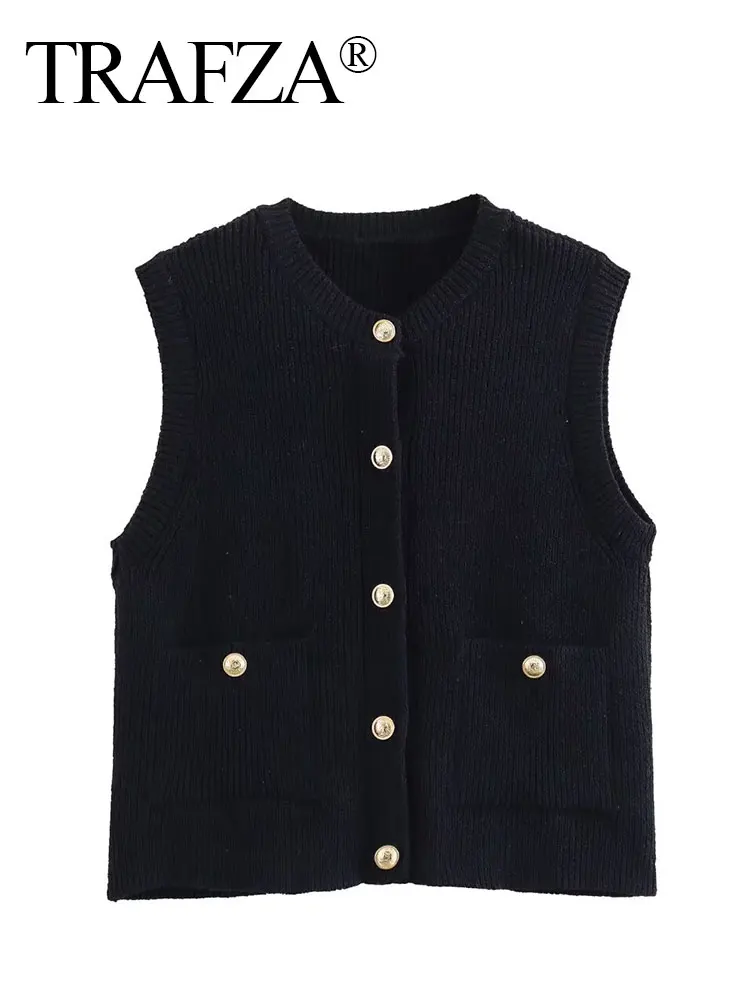 TRAFZA Women Elegant Solid Knitted Vest O Neck Single Breasted Sleeveless Waistcoat With Pockets Female Fashion Y2k Crop Top