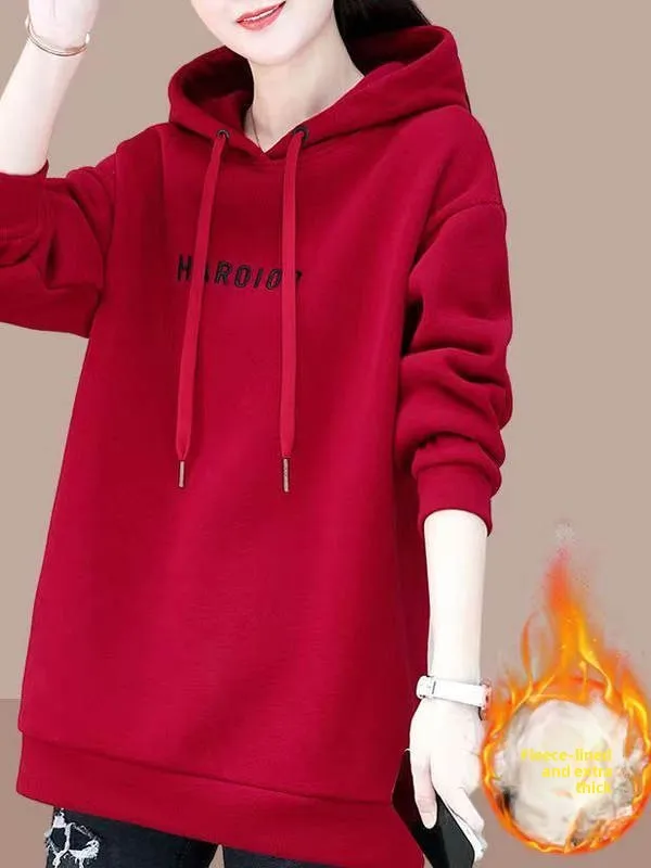 Thiened Fce Hoodie Women's Mid-Length Long Sve Faionable Loose plus Size Autumn Winter New Sle Korean Version