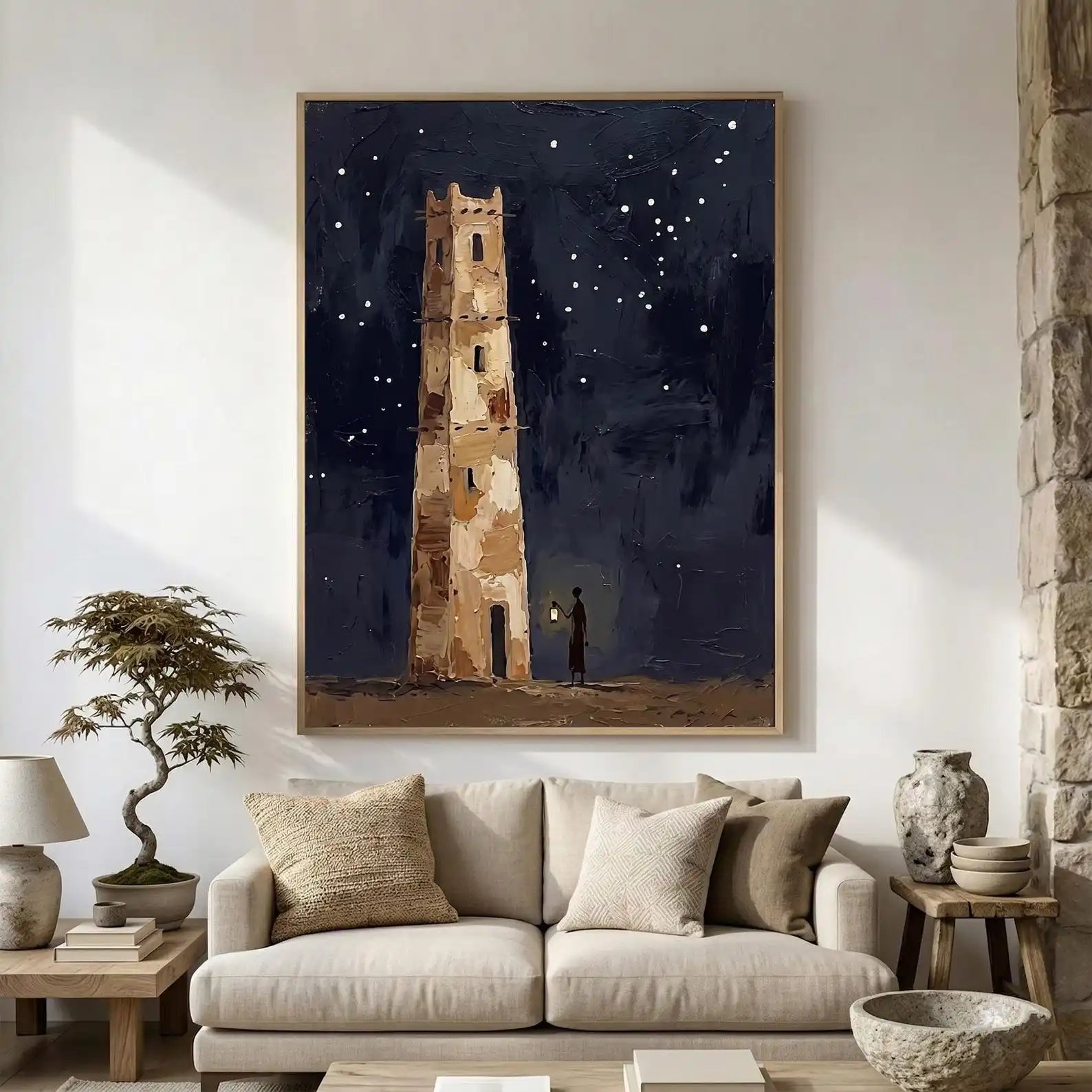 Mhemyo Original Handmade Oil Painting Tower Starry Night Figure Lantern Modern Wall Art For Contemporary Living Room Home Decor