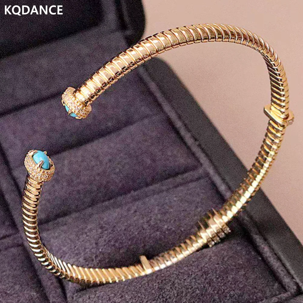 

KQDANCE Solid 925 Silver Carbon Diamond Elastic Cuff Bangle Turquoise Bracelets For Women Gold Plated Fine Jewelry Wholesale