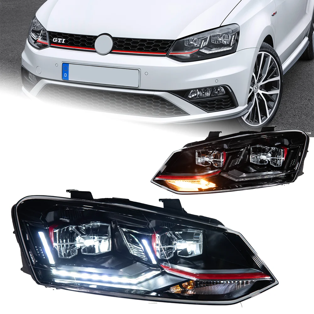 AKD Car Lights For VW Polo Headlight 2009-2016 Double U DRL LED Lens Vento Dynamic Signal Head Lamp Drl Automotive Accessories
