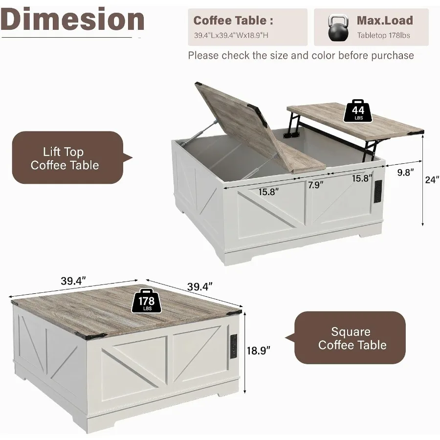 Farmhouse lift top coffee table for living room and home office, white wood square table with storage, charging station and USB