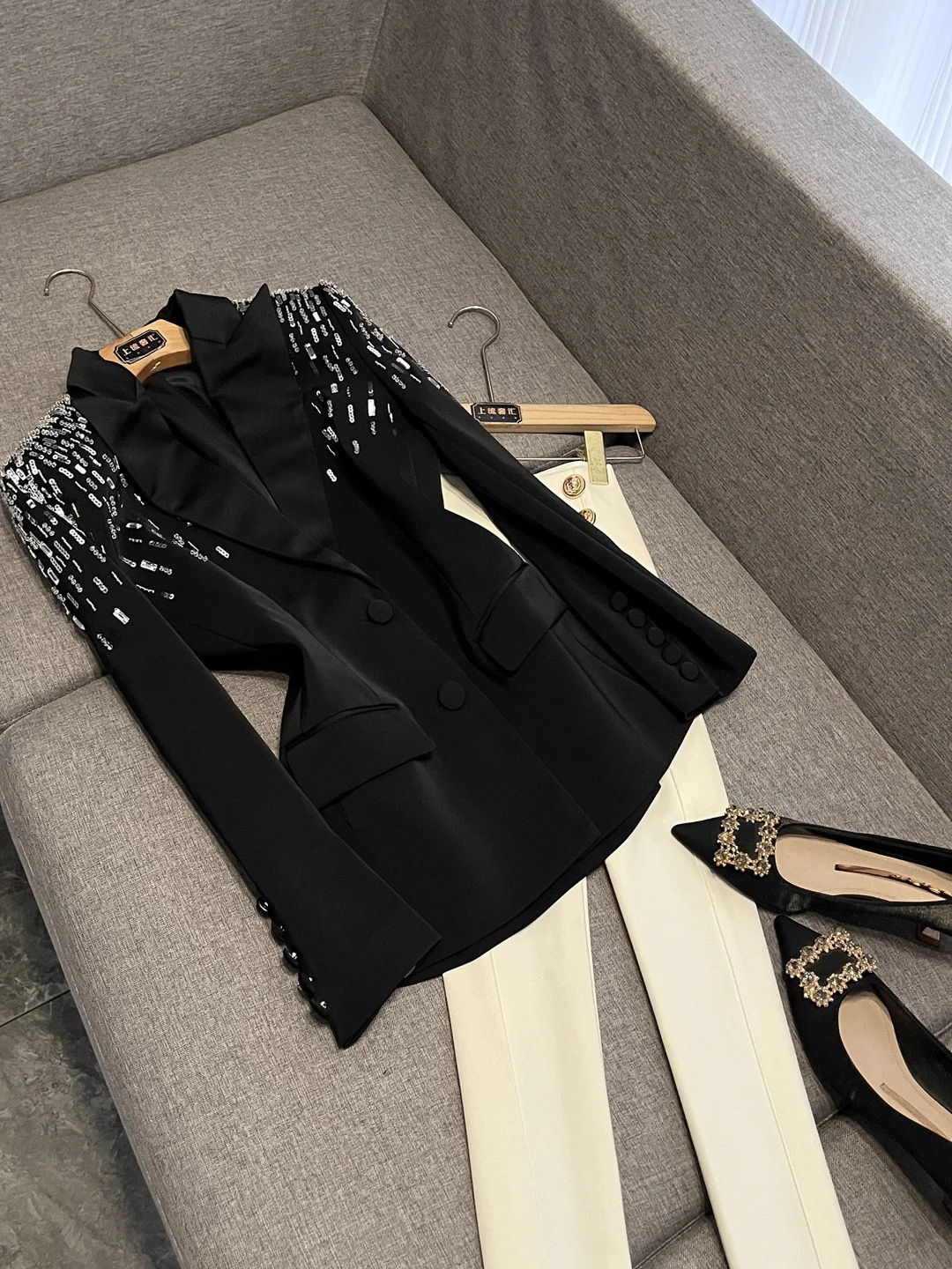 

Женский костюм Heavy Embellied Diamond Jaet с утягивающей талией, высококачественный двубортный костюм Long Sve