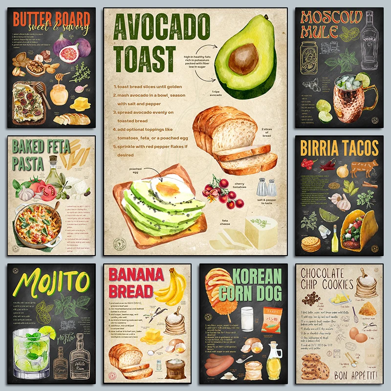 Pósteres de receta de tarta de queso y limón tostado, impresiones de Pasta y Pomodoro con dientes dulces, pintura en lienzo, imágenes artísticas de pared, decoración para sala de estar y hogar