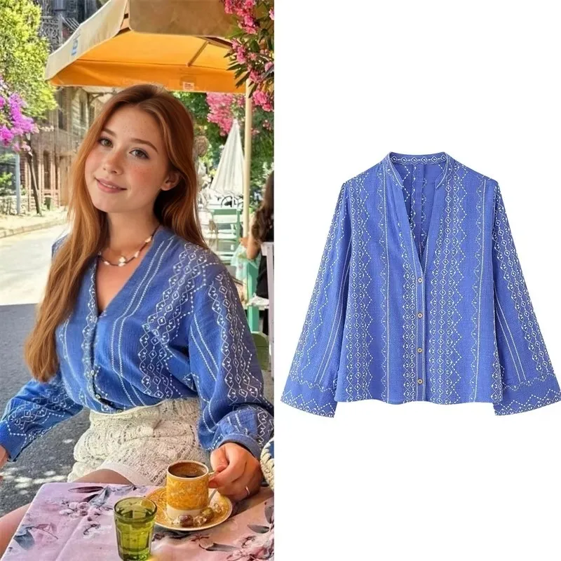 

Red Embroidery Loose Shirt Women Vintage Single Breasted V-Neck Long Sleeve Blouse Lady 2025 New Summer Elegant Chic Blue Tops