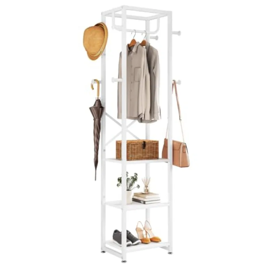 IBUYKE Coat Rack with Shelves Freestanding Hall Tree with 3 Shelves and 8 Hooks Industrial Clothes Stand for Entryway Hallway B