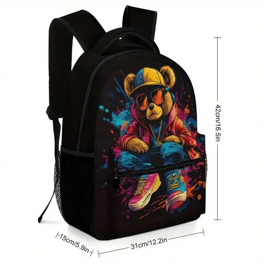 Custom Bag Hip Hop Bear Fashion Print Backpack, Lightweight & Durable Fabric, Adjustable Shoulder Straps & Zipper Closure, Large