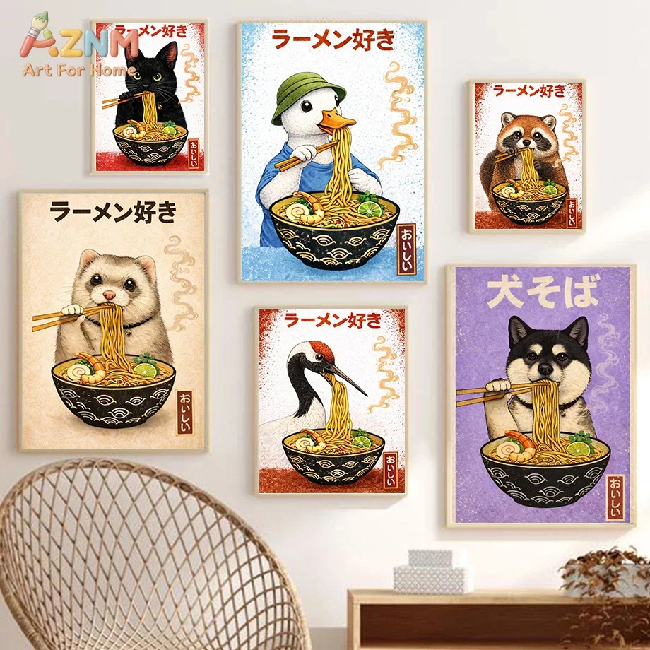 AZNM Funny Animal Ramen Canvas Wall Art Cat Duck Dog Raccoon Eating Noodle Japanese Retro Print Frameless Canvas Painting Home D