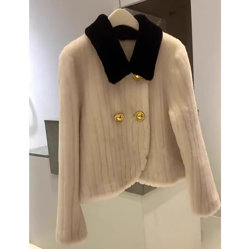 Chaqueta de Cachemira de cordero corta para mujer, abrigo de piel, fragancia francesa pequeña, sensación de alta gama, cuello de solapa grueso y
