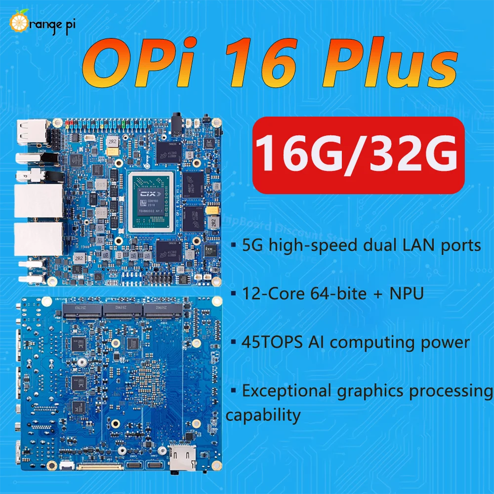 

Orange Pi 6 Plus 16G / 32G DDR5 CIX CD8180/CD8160 Плата Dev SoC 2xM.2 KEY-M 45TOPS 5G Ethernet с радиатором или мощностью 100 Вт