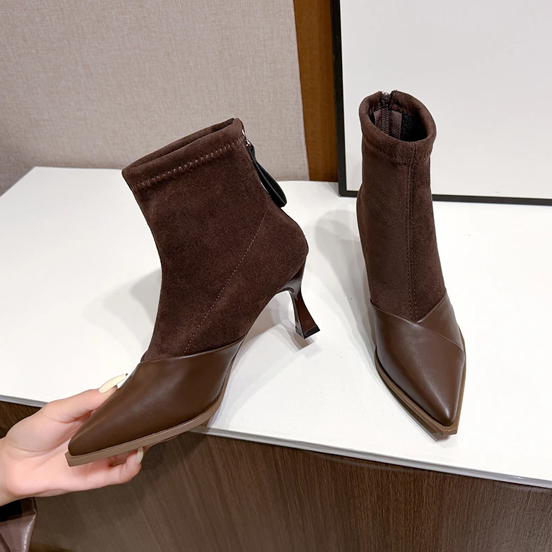 

Pointed Toe Suede Paneled Skinny Heel Skinny Boots for Women 2025 New Fall/Winter High Heeled Retro Stretch Boots