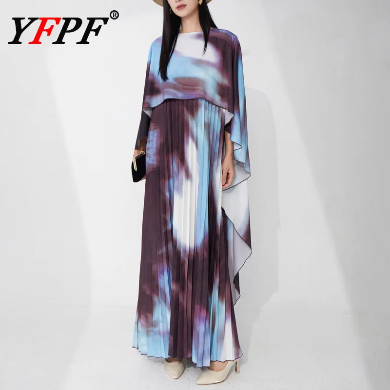 

YFPF Elegant Women Long Dress Miyake Pleated Shawl Patchwork Design Tie Dye Contrast Color Long Party Dresses 2025 New Clothing