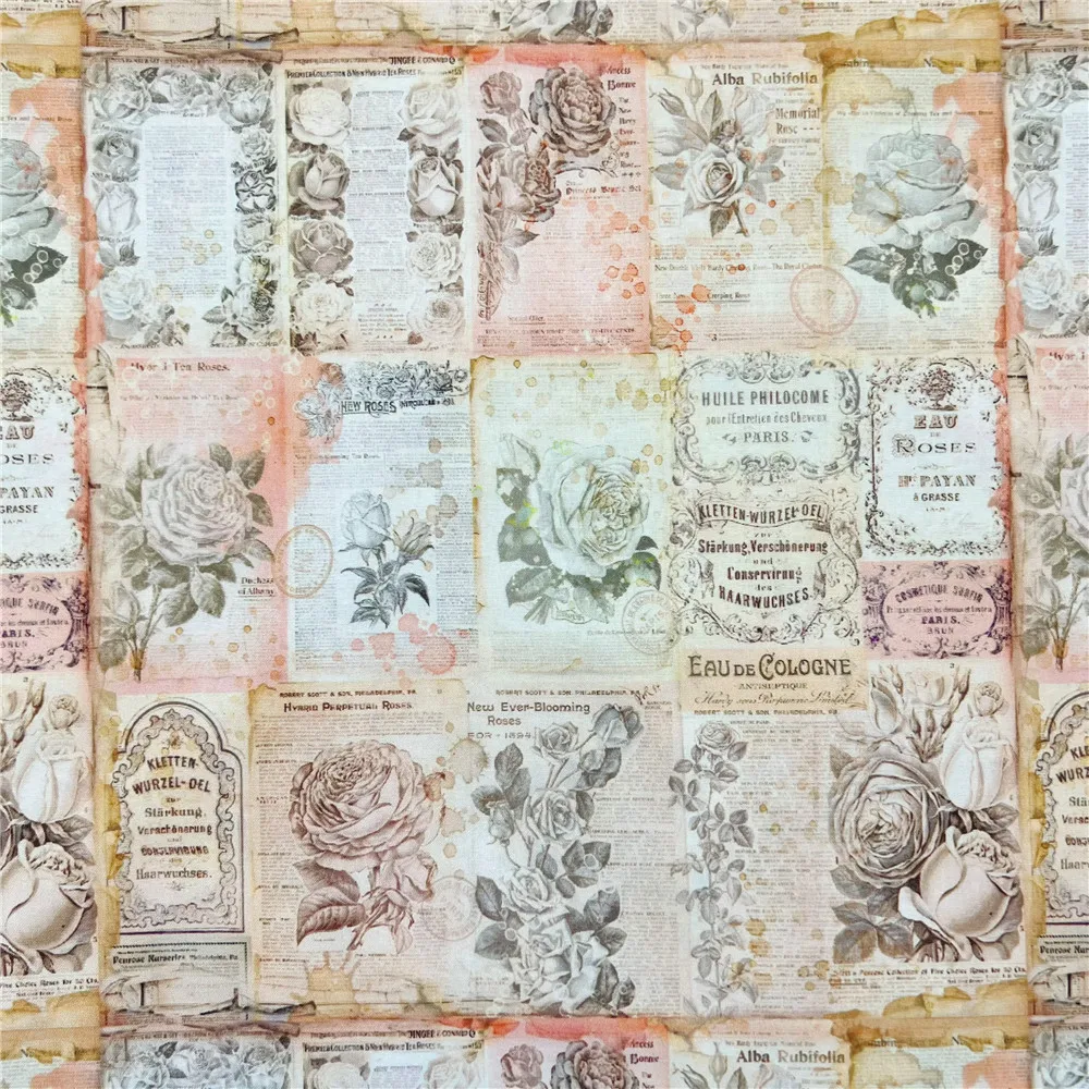 45x145cm Vintage Rose flower newspaper  junk journal Cotton Fabric Floral Material Patchwork Sewing  Quilt Needlework DIY Cloth