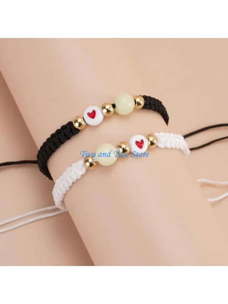 

HX6F Couple Matching Bracelet Luminous Heart Bead Elastic Rope Valentine's Day Gift
