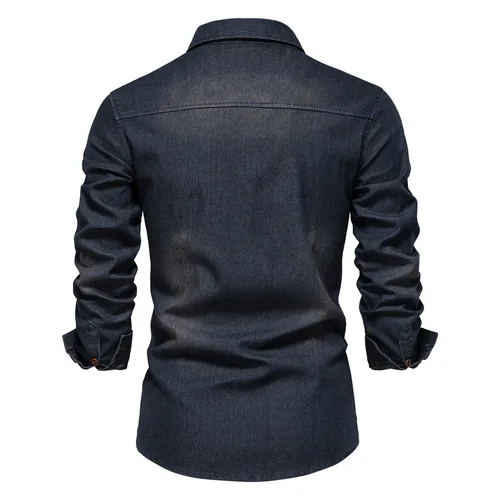 Imagen 2 del producto Camisa vaquera de manga larga para hombre, ropa de calle ajustada informal elástica de algodón de alta calidad, camisas de vaquero negras para primavera