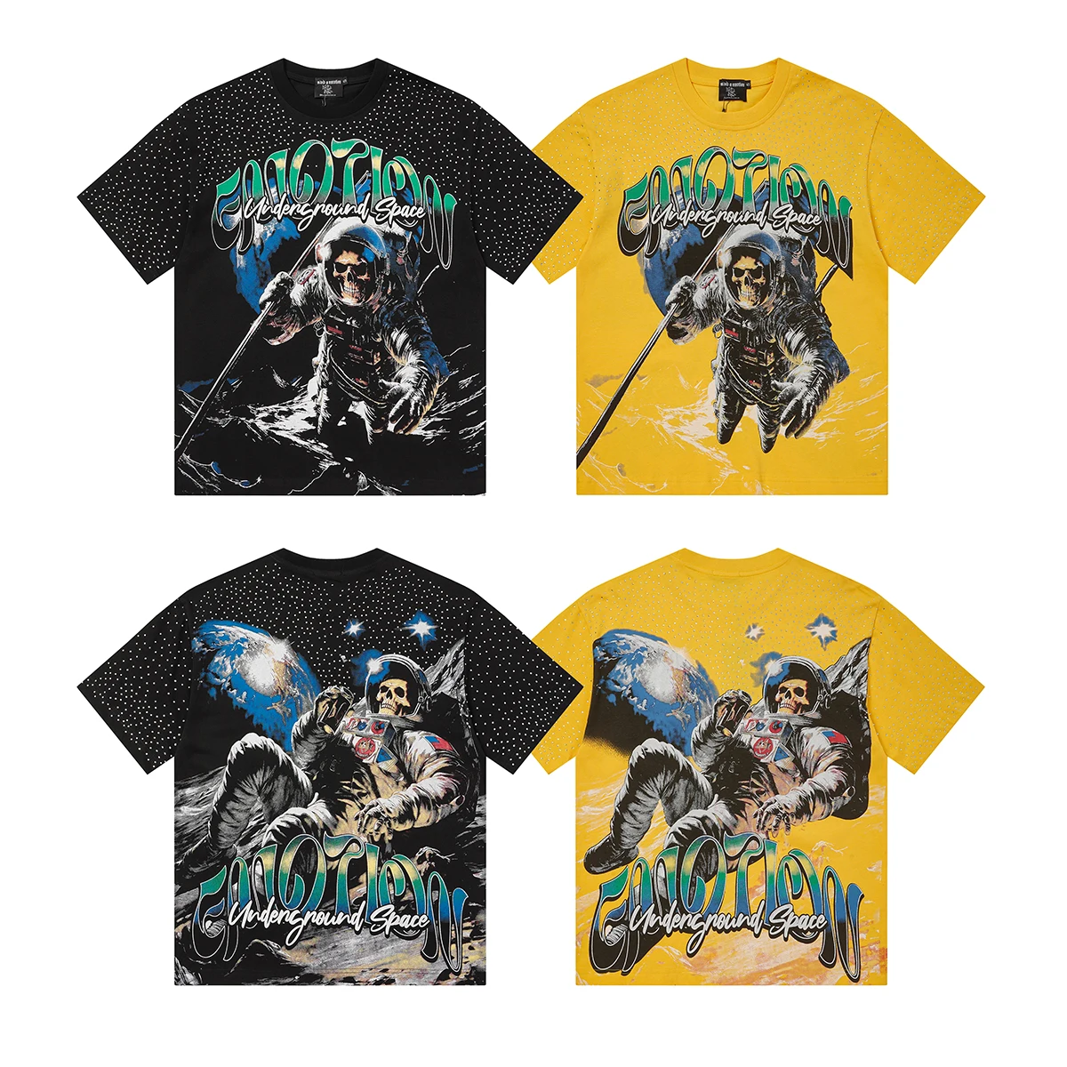 Mixed Emotion Skull Astronaut Print High Street Rhinestone Heavyweight Pure Cotton Short Sleeve T-Shirt Streetwear Citywalk C...