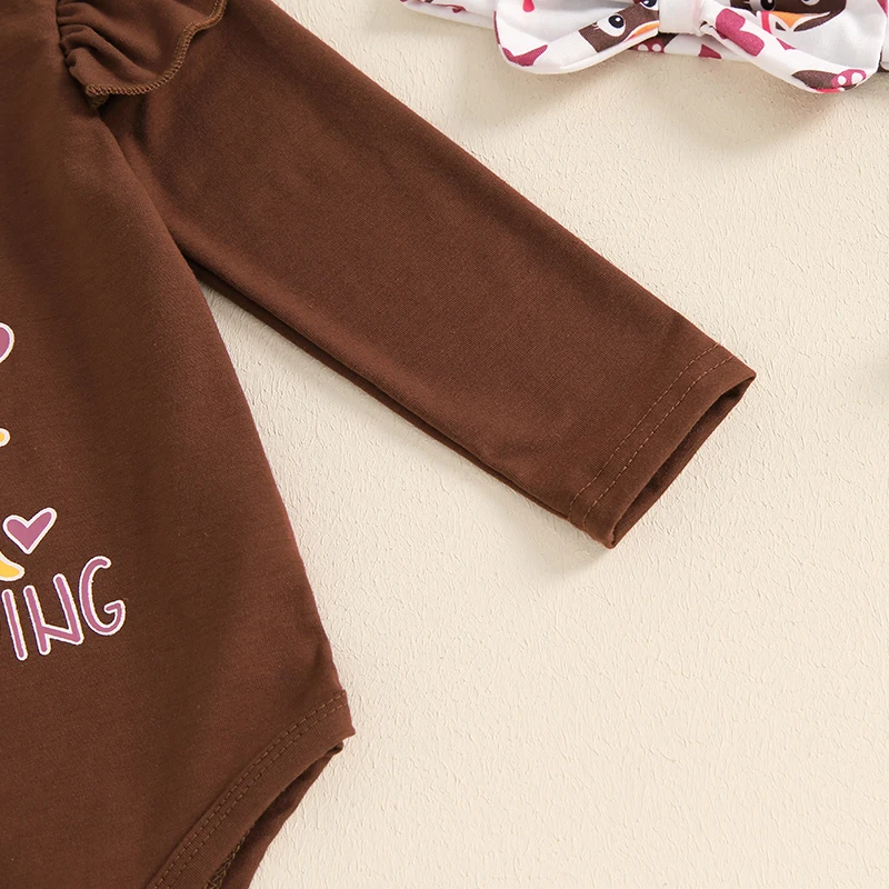 Tenue de Thanksgiving pour bébé fille, barboteuse à manches longues, pantalon évasé, bandeau de sauna à nœud, imprimé dinde, automne, 2024, 05, 20