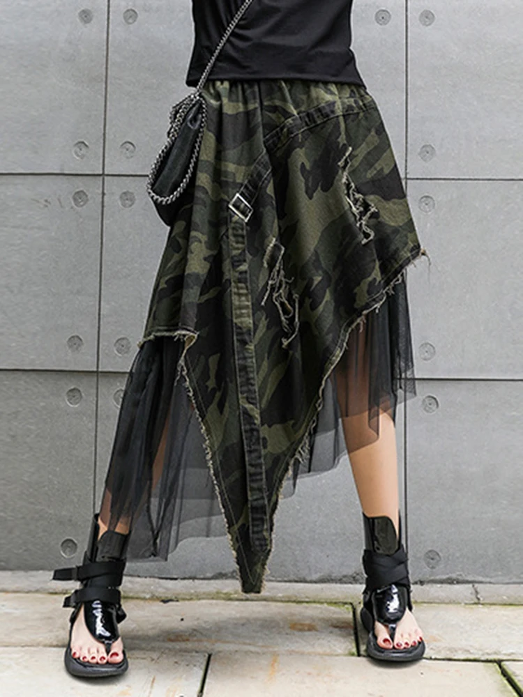 [EAM] High Elastic Waist Camouflage Irregular Mesh A-line Half-body Skirt Women Fashion Tide New Spring Autumn 2024 1DH6094