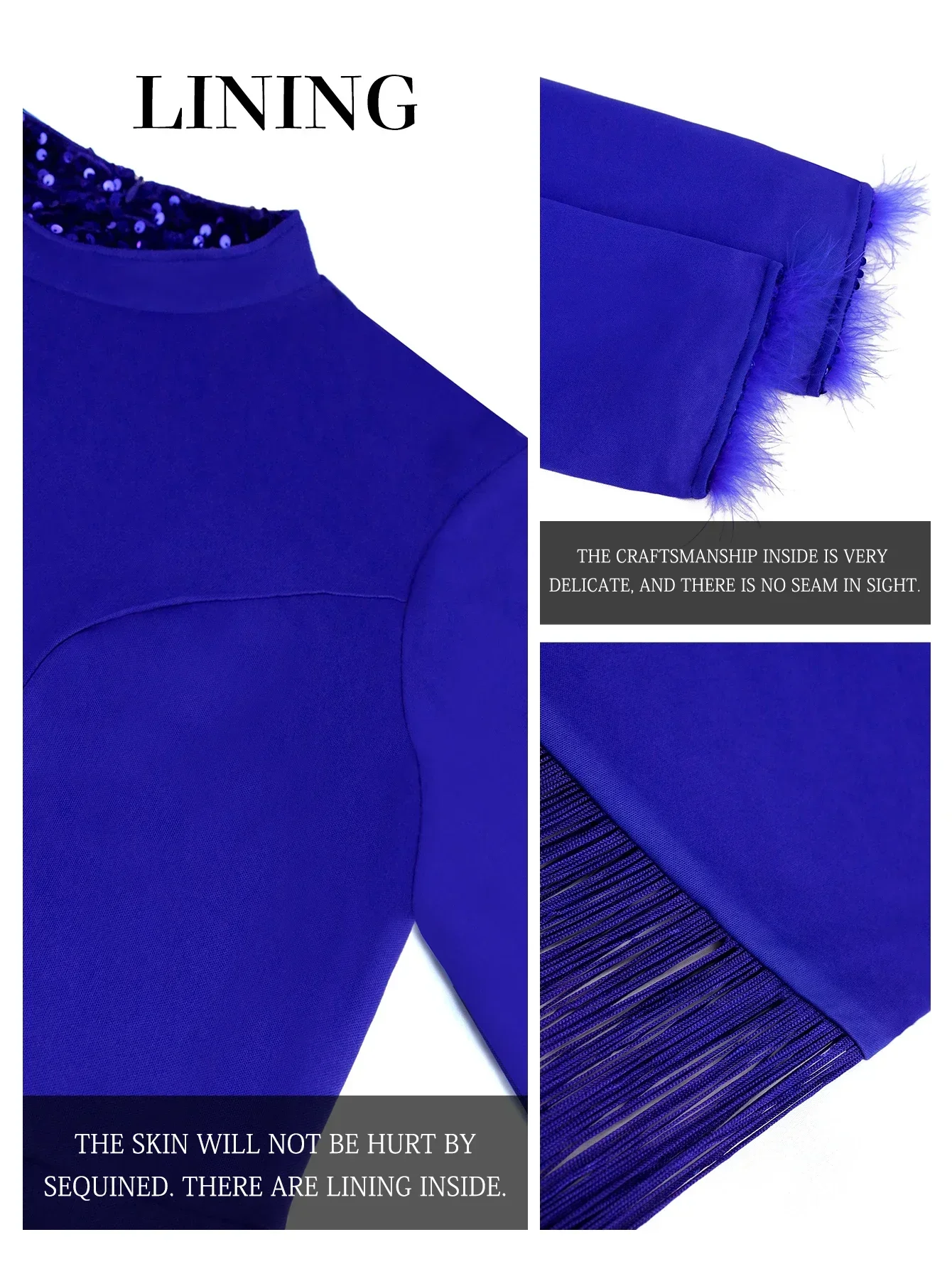 Vintage Blue Sequin Dress Fringe Hem Mock Neck Long Sleeve with Feather Glitter Velvet Fitted Prom Evening Cocktail Event Gowns