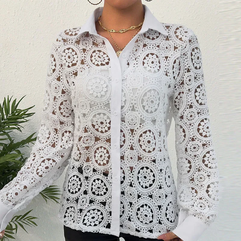 

New White Hollow Out Long Sleeve Women Shirt Turn Down Collar Lace Shirt Blouse Women Tops Blusas Para Mujer Camisas Shirts Q213