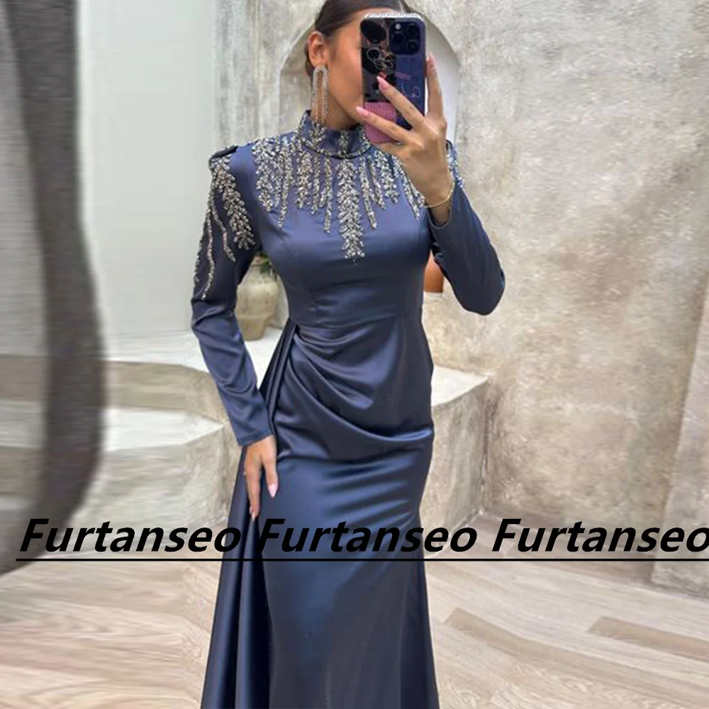 Lindo vestido de baile de sereia árabe feminino, Dubai elegante, manga comprida, pescoço alto, mulheres drapeadas, comprimento do chão lindo