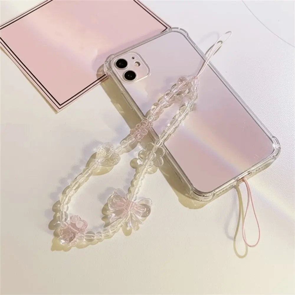 

Korean Pink Bear Cellphone Lanyard Keychain Butterfly Flower Key Chain Phone Strap Charm Chain Beads Chain Bag Camera Pendant