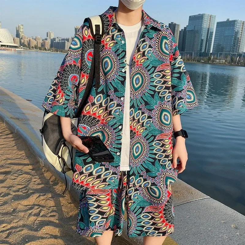 Mens Fashion Print Sets Short Sleeve Shirt+Shorts 2Pcs Suit Loose 2024 Summer Casual Beachwear Male Vacation Hawaiian Outfits