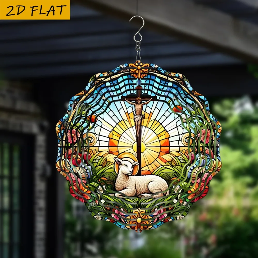 2D Flat 25.5cm Lamb under Crucifix Flower Wind Spinner, 360° Rotating Hanger for Christmas Garden Decor