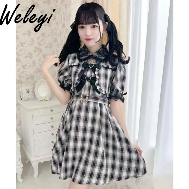 Rojita Kawaii Plaid Vest Dresses Japanese Fashion Summer Cute Mine Series Mass Production Bow Short Sleeved Fake Two Piece Dress